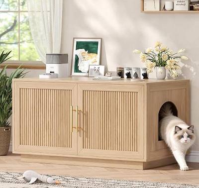 31.5" Fluted Cat Litter Box Enclosure Furniture Double Doors Oak | 31.5" hidden litter box with Double Doors, Indoor Cat House Reversible Entrance Left or Right Side, End Table for Living Room