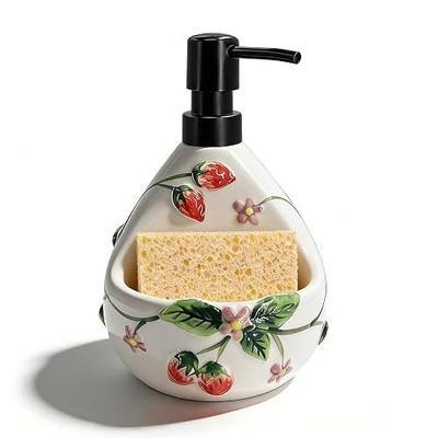 Ceramic Soap Dispenser with Sponge Holder,22oz Charming Strawberry 3D Embossed Design - 2-in-1 Kitchen Hand & Dish Liquid Soap Pump Set for Countertop Sink, Cute Cottagecore Character in White