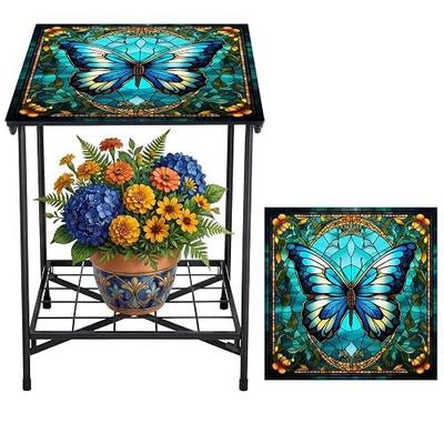 Cinnvoice Outdoor Side Table 2-Tier Storage Square Small Mosaic Patio Accent Indoor End Plant Coffee Tea Table for Yard Patio Porch Garden Living Room, Bedroom(Butterfly Style)
