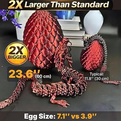 24'' Large 3D Printed Dragon Egg with Articulated Chinese Dragon Toy Inside | Big Reusable Dragon Egg Surprise, Flexible Joints, Fantasy Desk Decor, Gift for Kids Teens Collectors, Black Red