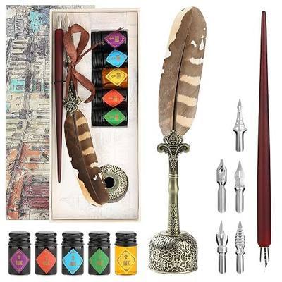 Feather Quill Calligraphy Pen & Wooden Dip Pen and Ink Set, Includes 7 Nibs, 5 Ink Bottles, Pen Holder – Antique Writing Gift Set for Beginners, Artists, and Students - MU-22