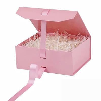 GoooodGift Pink Gift Box with Ribbon 1 Pcs 8x7X3.3 Inch Small Gift Box with Lid Magnetic Closure Rectangle Collapsible Luxury Gift Boxes for Mother's Day、Birthdays、Shredded Paper Filler