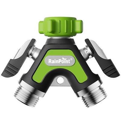 RAINPOINT Garden Hose Splitter 2 Way, All Metal Heavy Duty Water Hose Y Splitter With 2.05" Extra Long Side Handle & Shut Off Valves, 3/4 Inch GHT Thread Connector For Outdoor Spigot Faucet (Green)