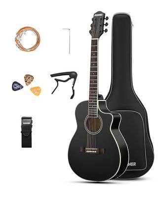 Donner Voyager Acoustic Electric Guitar Kit, JF Cutaway 3/4 Guitar with Built-in Pickup & Tuner, 3-Band EQ, Portable Travel Guitar Bundle with Gig Bag, Capo, Strap for Beginners-Matte Black
