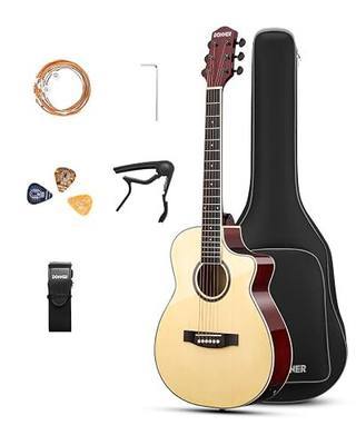 Donner Voyager Acoustic Electric Guitar Kit, JF Cutaway 3/4 Guitarra with Built-in Pickup & Tuner, 3-Band EQ, Portable Travel Guitar Bundle with Gig Bag, Capo, Strap for Beginners-Gloss Wood