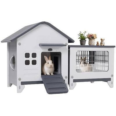 Rockever Plastic Rabbit Cage Outdoor Indoor, Waterproof Rabbit Hutch-Leak-Proof Pull-Out Tray&Chew-Proof, Bunny Cage Guinea Pig Cages with Run, Easy-Clean & Ideal for Small Animal