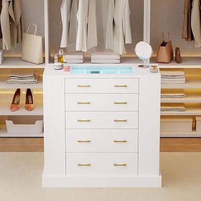 Closet Island with Glass Top, LED Lights and Jewelry Display, Bedroom Island with Open Shelves, Drawers Dresser & Walk-in Closet Island for Bedroom, Cloakroom, White 2