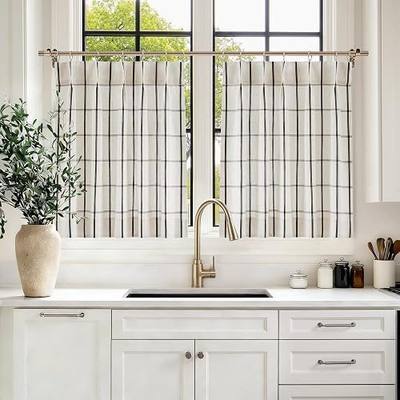 Vision Home Black Plaid Linen Pinch Pleated Tier Curtains 36 inch, Checkered Semi Sheer Kitchen Curtains with Back Tab & Hooks, Light Filtering Small Window Panels for Bathroom Laundry, 25" Wx36 Lx2