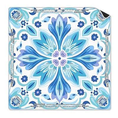 Blue and Teal Floral Mahjong Mat 31.5 x 31.5 Inch, Mediterranean Mandala Flower Non-Slip Noise Reduction Mahjong Table Mat for American Mah Jong Poker Card Board Games Dominoes