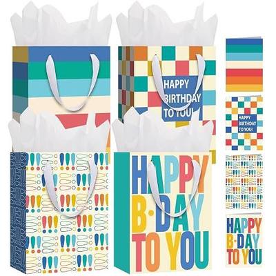 woric 10.6" Happy Birthday Gift Bag, 4 Pcs Medium Birthday Bags with Handle | 4 Designs, Reusable, Match Tissue Paper Greeting Cards, Women Men Kids Birthdays Gift Wrap, 10.6" X 8" X 4.7"