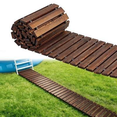 MEWTOGO 10ft Anti-Slip Wooden Pool Walkway for Above Ground Pools – Weather-Resistant Carbonized Wood Roll-Up Pathway, Helps Keep Dirt & Mud Out, Boardwalk for Pool Ladder Area (Brown)