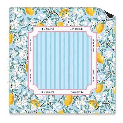 Pink Teal and Yellow Lemon Floral Mahjong Mat 31.5 x 31.5 Inch, Mediterranean Lemon Blue Stripe Non-Slip Noise Reduction Mahjong Table Mat for American Mah Jong Poker Card Board Games Dominoes
