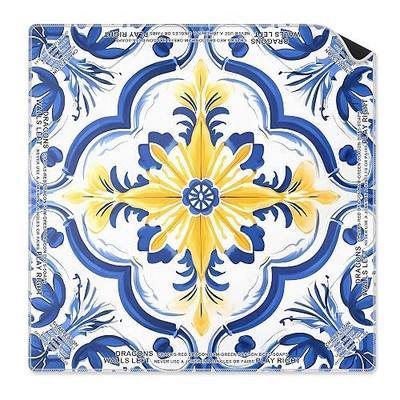 Blue Chinoiserie Flower Mahjong Mat 31.5 x 31.5 Inch, Vintage Blue and Yellow Azulejo Non-Slip Noise Reduction Mahjong Table Mat for American Mah Jong Poker Card Board Games Dominoes