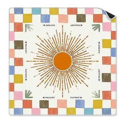 Boho Orange Sun Checkered Mahjong Mat 31.5 x 31.5 Inch, Retro Colorful Plaid Sunray Non-Slip Noise Reduction Mahjong Table Mat for American Mah Jong Poker Card Board Games Dominoes