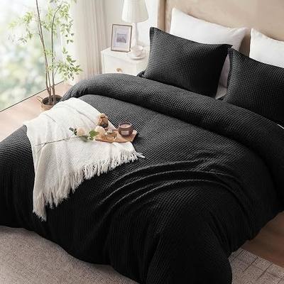 Waffle Weave Cotton Duvet Cover Queen Size - 100% Cotton Duvet Cover Set for All Season, Linen-Textured Bedding Sets 3 Pcs with 2 Pillow Shams/Gift Bag, Zipper, 4 Conner Ties,Black