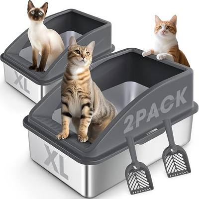 2 Pack Stainless Steel Litter Box | XL Enclosed Cat Litter Boxes with Lid for Big Cats and Multi-Cats | High Sided, Anti-Urine Leakage | Non-Stick Bottom(Dark Gray)