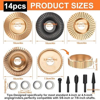 14PCS Angle Grinder Wood Carving Disc Set - 5Pcs 4"/4.5" 45# Carbon Steel Discs with 5 Rotary Burrs & 4 Adapter Rings, for Cutting, Polishing & Sculpting Hardwood/Softwood
