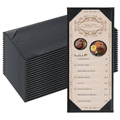 20 Pack Restaurant Menu Covers Holders 4.25" X 11", Single View Synthetic Leather Menu Holder Covers Book Style with Angled Corners Black for Wine List, Morning Menu, Wine Menu (20, 1 Page)