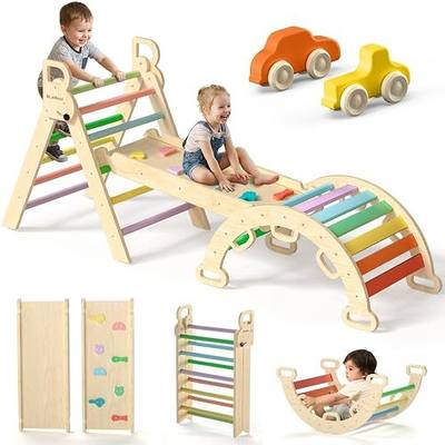BlueWood Pikler Triangle Set with Safe Handle, Climbing Toys for 1-3 Year | Foldable 7-in-1 Montessori Toddler Climbing Toys Indoor, Wooden Pickler Climbing Set, Baby Jungle Gym & Playground, Colorful