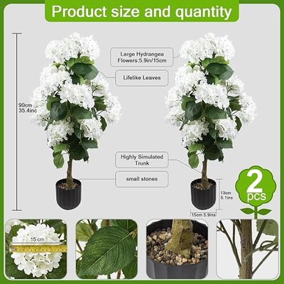 2 Pcs 3 Ft Artificial Hydrangea Trees Potted, UV Resistant Faux Silk Hydrangea Plant in Pot for Indoor Outdoor Decoration, Hydrangea Topiary for Garden Office Home Porch Patio Decor (2, White)
