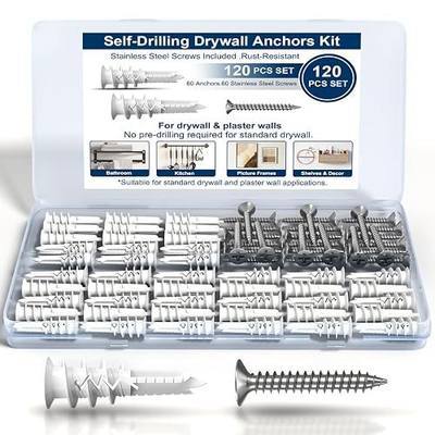 120Pcs Self-Drilling Drywall Anchors with Stainless Steel Screws #8 x 1-1/4”, Heavy Duty Wall Anchors Kit, Rust Resistant Screws, Hollow Wall Anchors for Drywall, Home Improvement DIY, Organizer Box