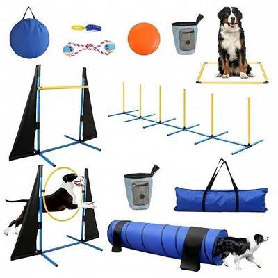POPMOON Dog Agility Course Backyard Set, 11-Piece Dog Agility Equipment | Agility Course for Dogs with Adjustable Hurdles,Jump Ring,Weave Poles,Tunnel,Pause Box,Ball for Backyard & Indoor Training