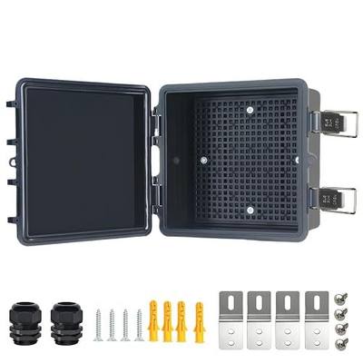 Electrical Junction Box, IP67 Waterproof Outdoor Box ABS Plastic Enclosure with Stainless Steel Latches & Brackets, Hinge Black Cover Project Box with Mounting Plate 5.9"x5.9"x3.5"