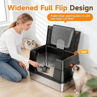 Stainless Steel Litter Box with Lid, High Sided Enclosed Metal Litter Box for Big Cats, Easy Cleaning Anti-Urine Leakage, Non-Sticky Cat Box, Front Entry Top Exit KittyBox, Includes Mat & Scoop