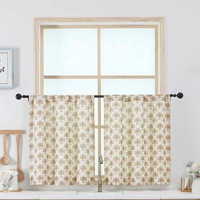 Chyhomenyc Floral Boho Kitchen Curtains 24 Inch Length - Light Filtering Faux Linen Half Window Cafe Curtains, Farmhouse Short Curtain Tiers for Bathroom Laundry RV Camper, 30Wx24L, 2 Pieces, Taupe