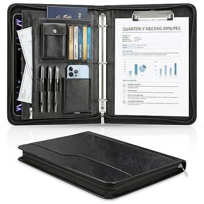 Zippered Padfolio with 3-Ring Binder & Clipboard, PU Leather Portfolio Organizer for Men Women, A4 Document Holder with Phone Pocket Pen Loops Card Slots, Professional Business Interview Folder Black
