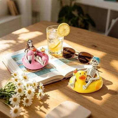 Summer Home Decor Halloween Skeleton-Statues - 2PC Summerween Collectible Figurines Couple on Yellow Duck & Pink Flamingo Floats Sulpture for Coastal Tropical Beach Halloween Decor Newman House Studio