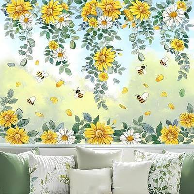JOICEE 8 Sheets Spring Summer Window Clings,Daisy Floral Bee Window Stickers Hanging Vine Yellow White Flower Window Decal for Spring Home School Office Decor