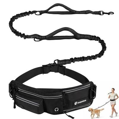 Hands Free Dog Leash with Waist Pack Bungee for Running Black | 4 Metal Clips, Reflective Stitching, Shock Absorbing Bungee, Adjustable Waist Belt, 28 to 48 Inch Fit, Zippered Pockets