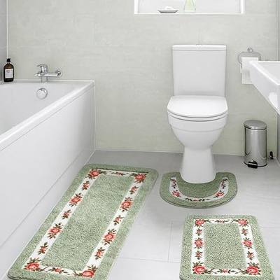 Drydiet 3 Pcs Rose Flowers Bathroom Rugs Set Coquette Room Decor Floral Carpet for Bathroom Bedroom Living Room, Floral Bath Mat Non Skid Romantic Rose Flower Area Rugs 3 Shapes (Green,Large)