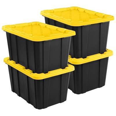Sterilite 4-Pack 27 Gallon Industrial Storage Tote, Heavy-Duty Plastic Bins, Black/Yellow - Stackable Utility Organizers with Lids for Garage, Camping Tools, and Outdoor Gear