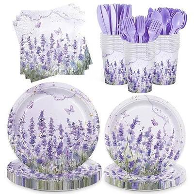 168pcs Purple Lavender Floral Paper Plates Napkins Party Supplies Serve 24 | Disposable Tableware Butterfly Flower Party Supplies for Birthday Wedding Baby Shower