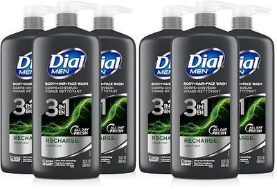 Dial Men 3in1 Body,Hair and Face Wash,Recharge, (23 fl oz Bottles),(Pack of 6)