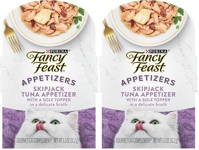 Fancy Feast Purina Appetizers Lickable Grain Free Wet Cat Food Topper Skipjack Tuna Appetizer with Sole - 1.1 oz. Trays,(Pack of 20)