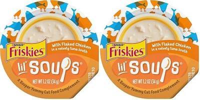 Friskies Purina Natural,Grain Free Wet Cat Food Lickable Cat Treats,Lil' Soups Flaked Chicken - 1.2 oz. Tubs,(Pack of 16)