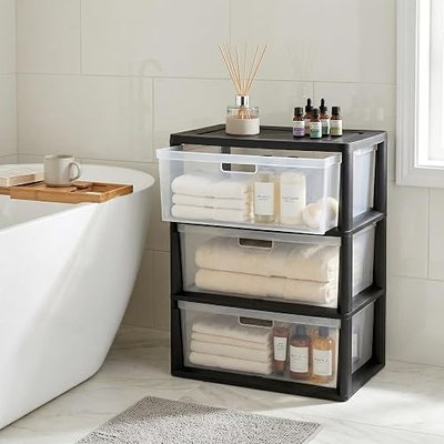 Wide 3-Drawer Storage Organizer Tower with Removable Clear Plastic Bins - 15.6" x 21" x 25.2", Tool-Free Assembly Drawer Unit with Carry Handles, Black