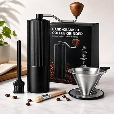 Manual Hand Coffee Grinder with Stainer, Adjustable 40mm Stainless Steel Burr, Portable Hand Crank Coffee Mill, 30g Capacity for Espresso, Turkish & French Press, Aluminium Body with Walnut Handle