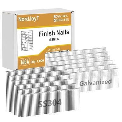 16 Gauge Straight Finish Nails 1000-Count 5 Sizes 2-1/2" to 1-1/4" | 200pcs per Size (100 Galvanized & 100 304 Stainless Steel), Assorted Size Mixed pack for 16GA Finish Nailer Guns
