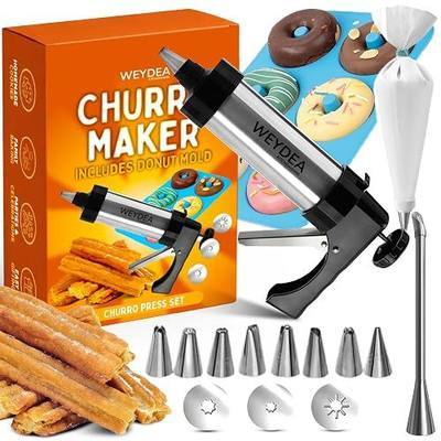 Churro Maker Kit Stainless Steel– Churrera Press with 3 Discs, 8 Piping Nozzles, Pastry Bag and Silicone Donut Mold – DIY Baking Set for Home