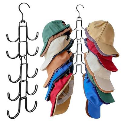 Hat Hangers for Closet, Hat Organizer for Baseball Caps, Stainless Steel Hat Rack with 10 Hooks for Caps Storage and Closet Organization (Black)