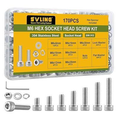170PCS M6 Screws Assortment Kit, 304 Stainless Steel 18-8 Hex Socket Head Cap Screws Bolts Nuts and Washers Set, M6 x 8/10/12/16/20/25/30mm