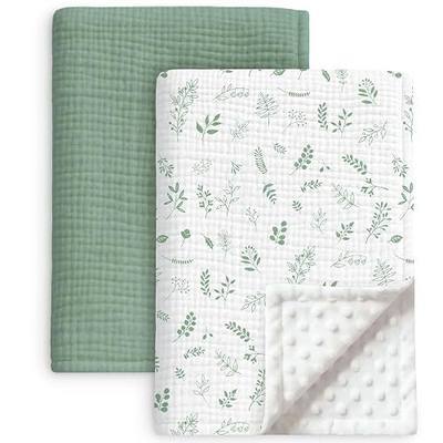 2 Pack Muslin Baby Blankets for Boy Girl, Soft Nursery Blanket, Leaf | 40x40 In, Super Soft, with Cotton Front and Double Layer Dotted Backing, Lightweight Breathable Bedding for Infant Toddler