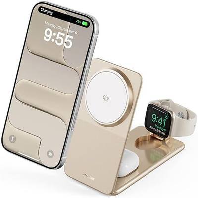 ANJANK Foldable Magnetic Charger, 25W 3 in 1 Wireless Charging Station, Qi2.2 Fast Charger, Aluminum Alloy Cooling Charger Stand for iPhone17/16/15 Pro Max, Apple Watch, AirPods(45W Adapter),Ultrathin