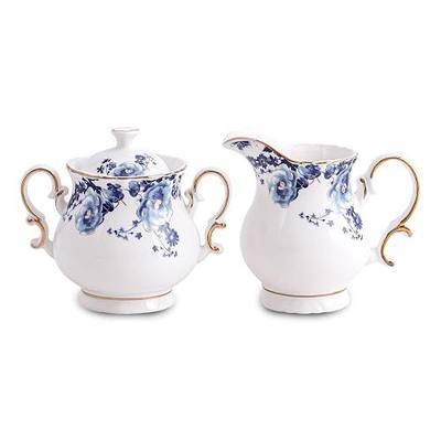 Ceramic Sugar and Creamer Set, 2 Piece Set with Cream Pitcher, Sugar Bowl (Blue Flowers)