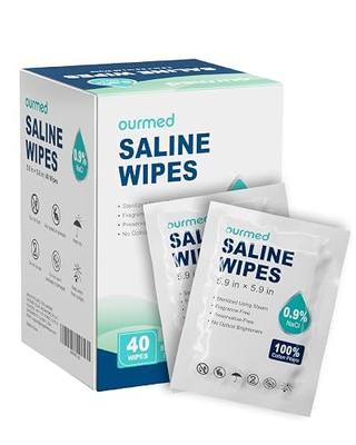 Ourmed Saline Wipes 40 Count, Sterile Unscented Gentle Cotton Wipes for Baby & Kids, Eye Nose Face Care, Hypoallergenic for Sensitive Skin, Piercing Aftercare & Wound Cleansing