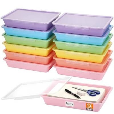 Tinlade 12 Pcs Classroom Paper Storage Bins with Clear Latching Lids Labels, Letter Size Stackable Flat Trays Container Paper Organizer for Teacher Back to School Office Arts Crafts (Macaron,13x10in)